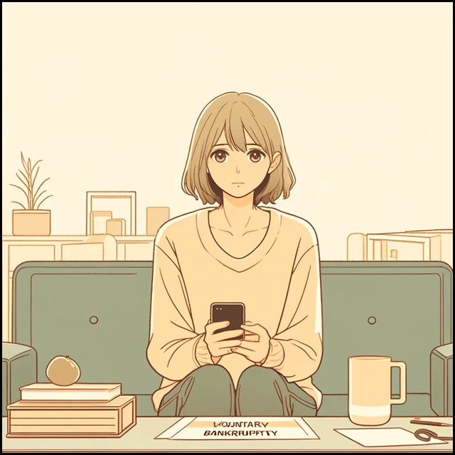 任意整理しない方がいいかどうかを家でスマホを見ながら悩む20代後半の女性